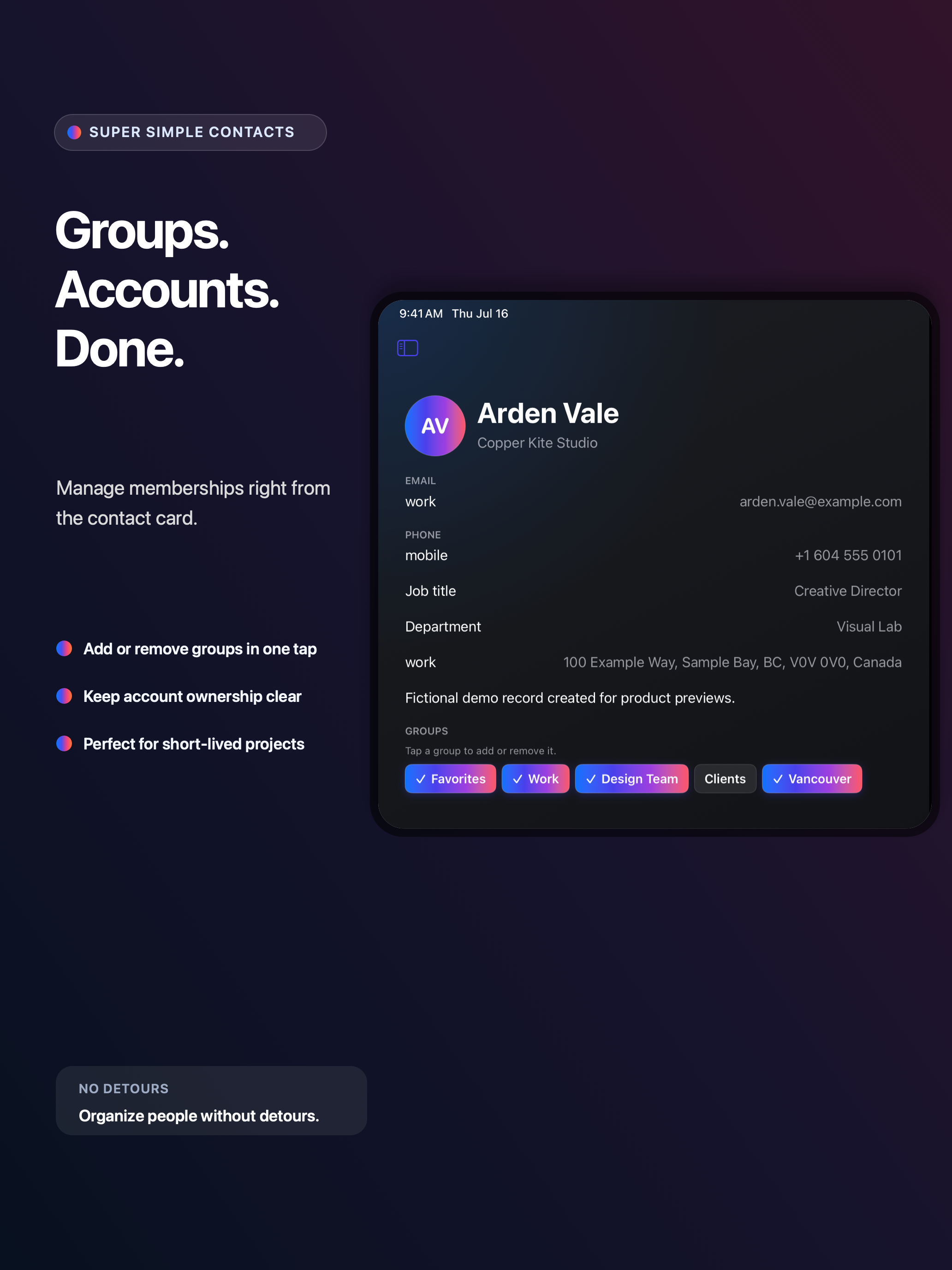 Group and account management from a contact card in Super Simple Contacts on iPad