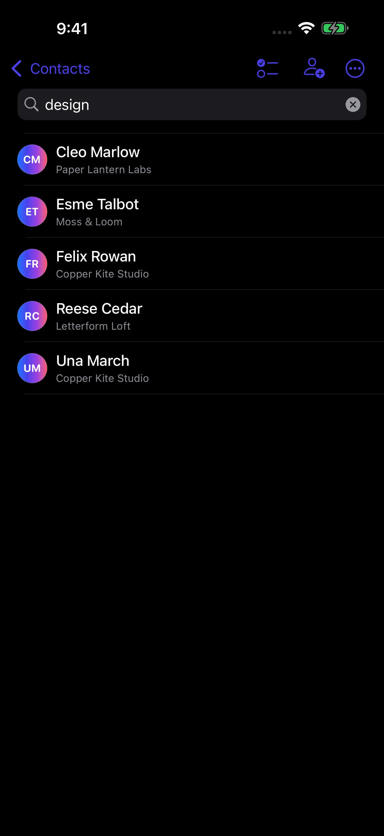 Instant contact search in Super Simple Contacts on iPhone