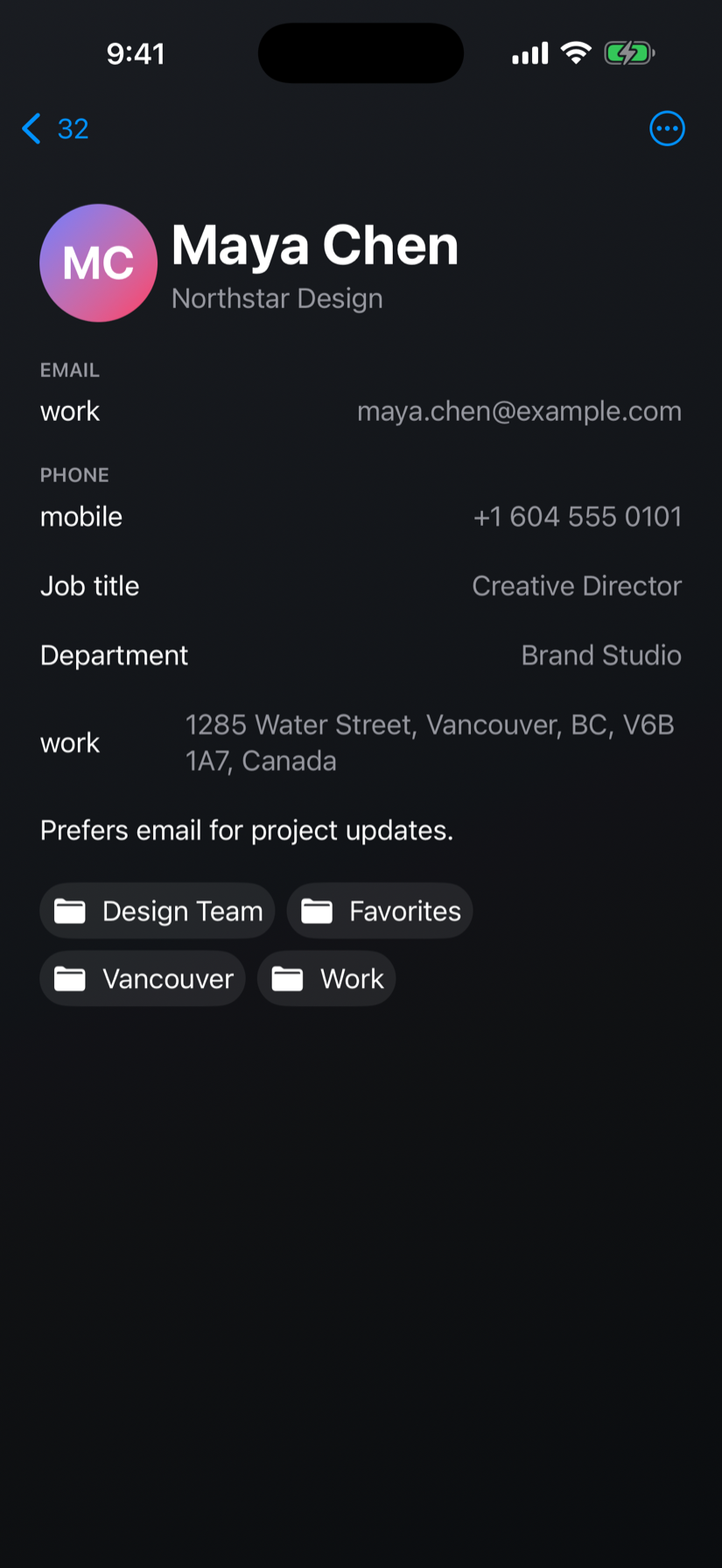 Rich contact details in Super Simple Contacts on iPhone