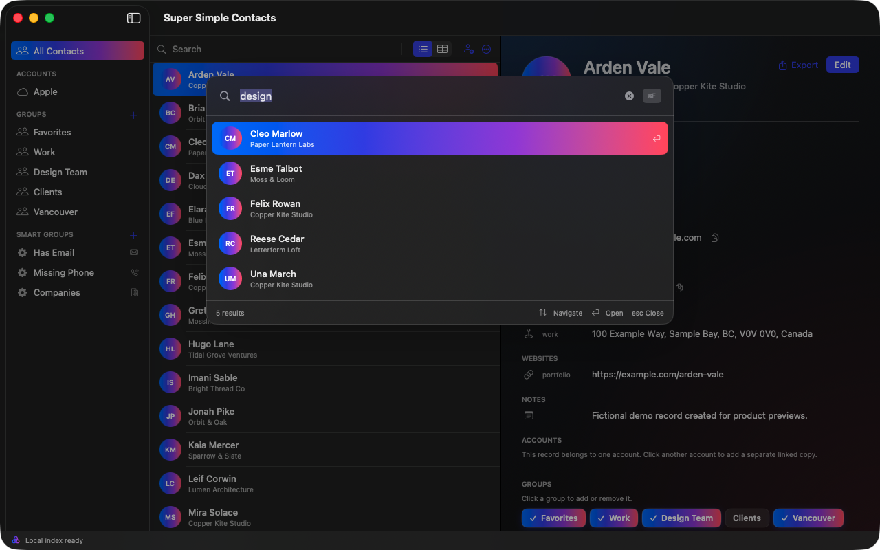 Auto-populated command bar search in Super Simple Contacts on Mac