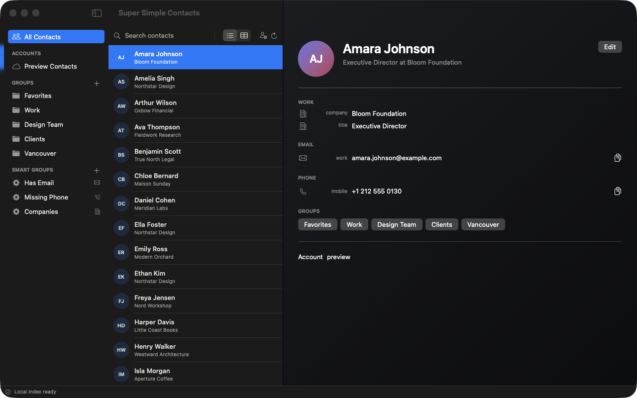 Super Simple Contacts contact manager workspace on Mac